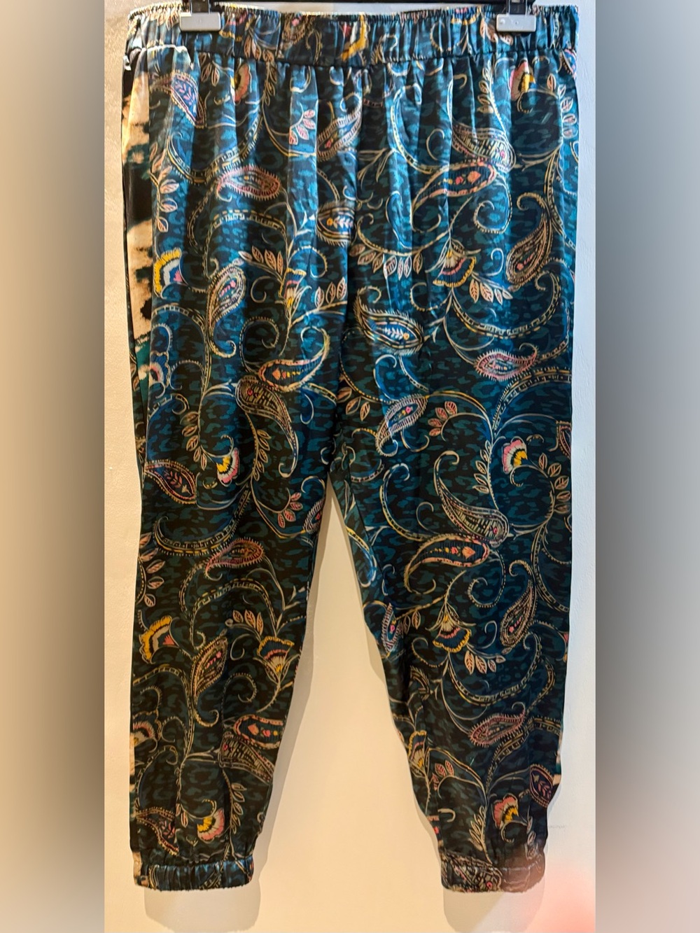Johnny Was Teal Paisley Silk Jogger Pants with Multicolor Accents